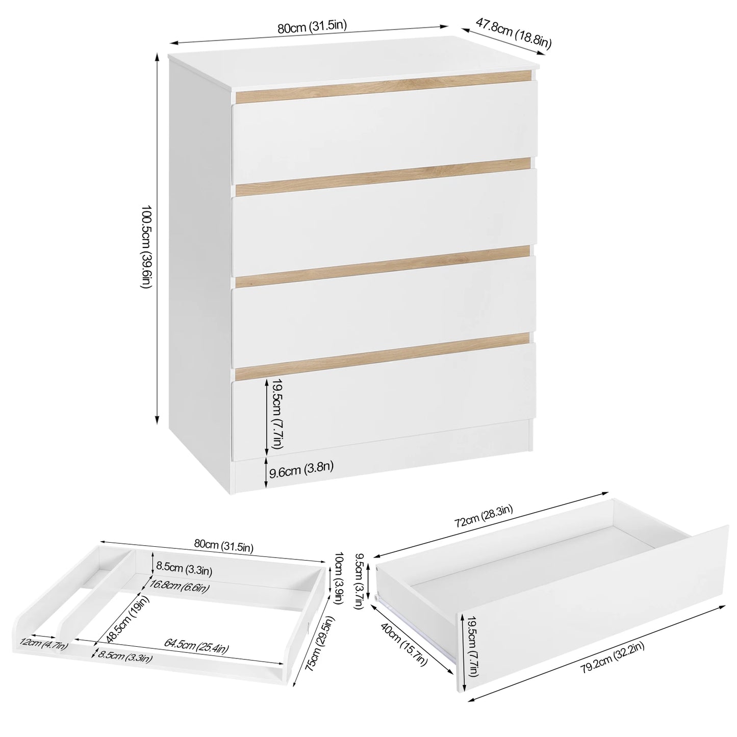 Fasciatoio WOLTU 1SET Bianco con 4 Cassetti 80x75x109,2cm Cassettiera Fasciatoio Unità di Stoccaggio per Bambini per Cameretta