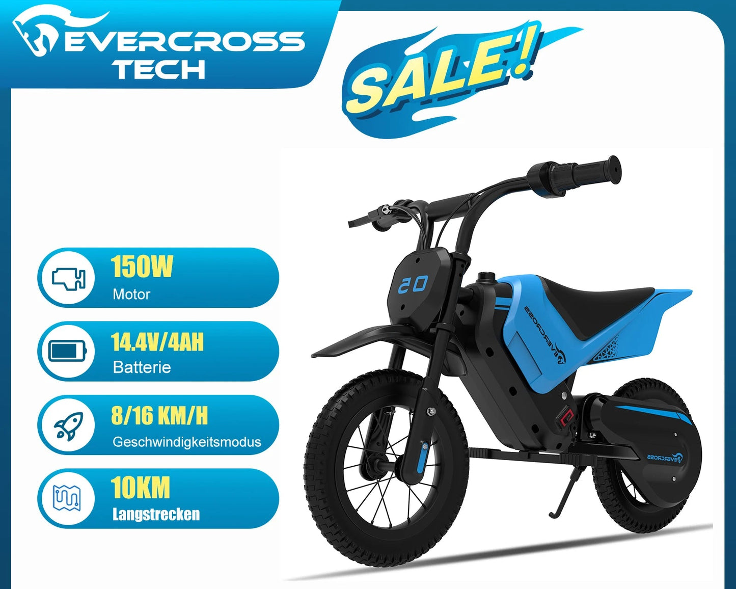 “EVERCROSS TECH EV05M moto elettrica per bambini, 150W, velocità 8/16 km/h, autonomia fino a 10 km, moto da cross da 12 pollici per bambini
