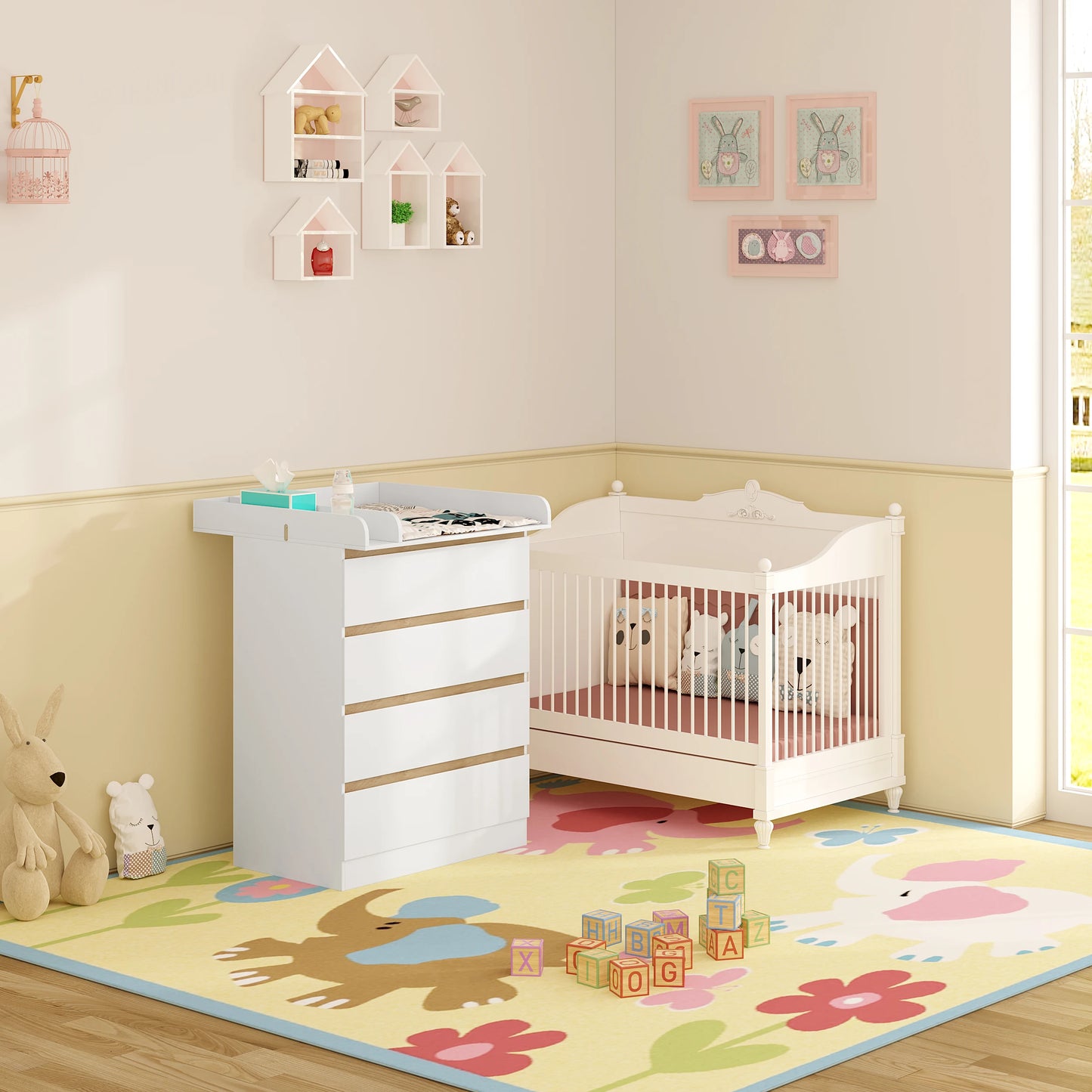 Fasciatoio WOLTU 1SET Bianco con 4 Cassetti 80x75x109,2cm Cassettiera Fasciatoio Unità di Stoccaggio per Bambini per Cameretta