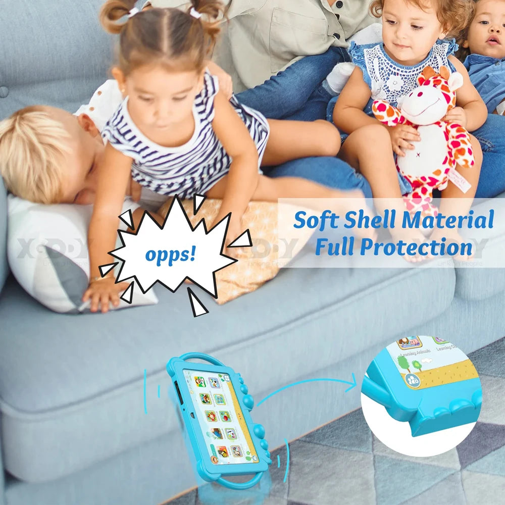 Nuovo tablet per bambini da 7 pollici (2025) con custodia antiurto a tema cartone animato, WiFi 5G, tablet educativo con Google per l’apprendimento, 4GB di RAM, 64GB di memoria interna, batteria da 4000mAh.