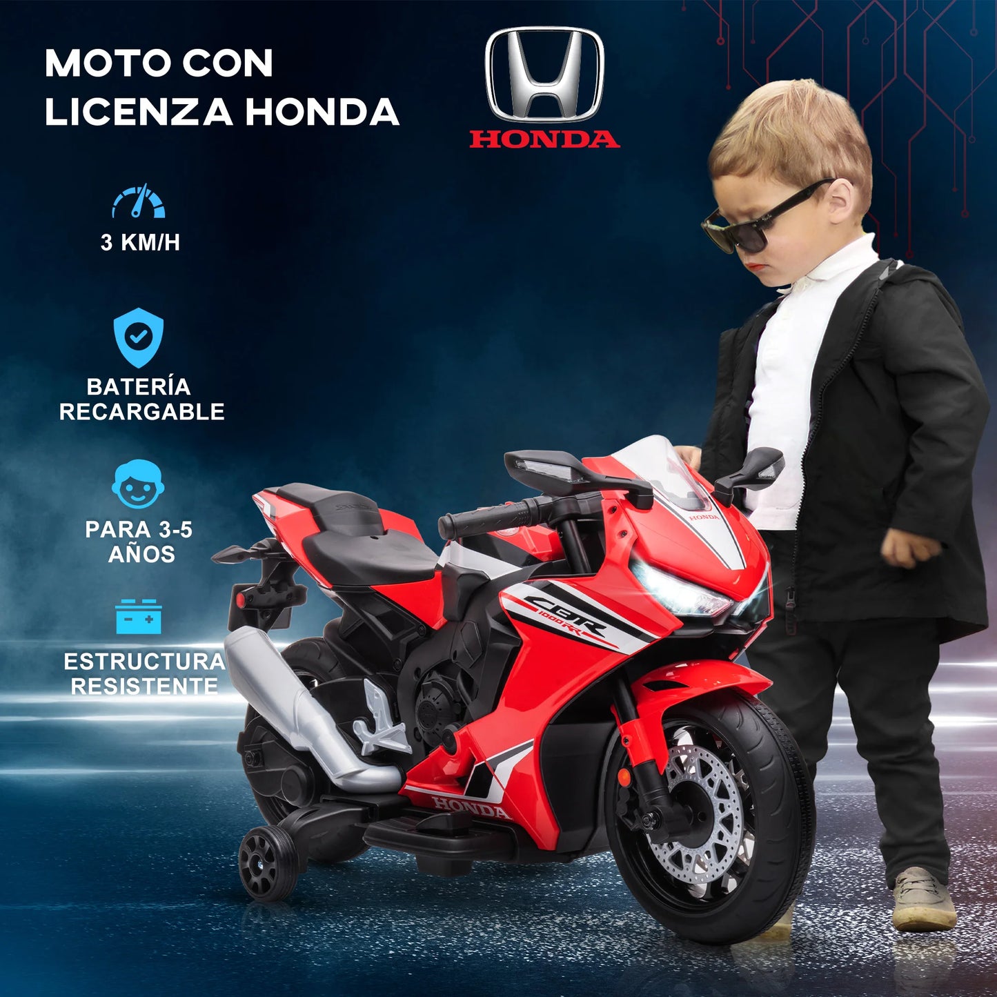 Moto elettrica per bambini HOMCOM con licenza Honda, batteria ricaricabile da 6V, velocità 3 km/h, con musica e ruote stabilizzatrici, colore rosso