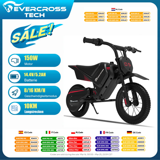 “EVERCROSS TECH EV05M moto elettrica per bambini, 150W, velocità 8/16 km/h, autonomia fino a 10 km, moto da cross da 12 pollici per bambini