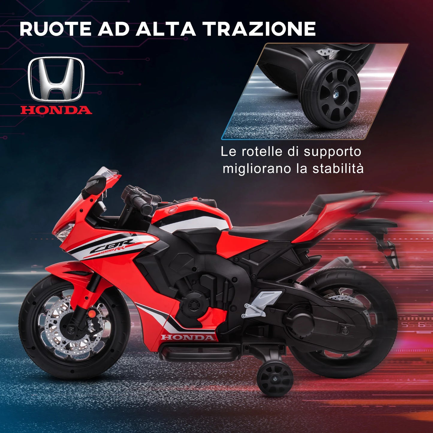 Moto elettrica per bambini HOMCOM con licenza Honda, batteria ricaricabile da 6V, velocità 3 km/h, con musica e ruote stabilizzatrici, colore rosso