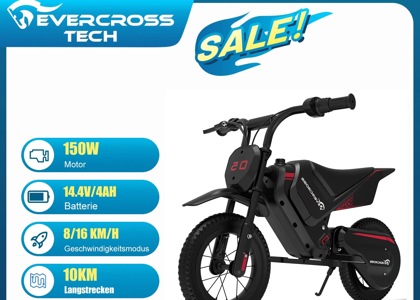 “EVERCROSS TECH EV05M moto elettrica per bambini, 150W, velocità 8/16 km/h, autonomia fino a 10 km, moto da cross da 12 pollici per bambini