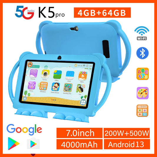 Nuovo tablet per bambini da 7 pollici (2025) con custodia antiurto a tema cartone animato, WiFi 5G, tablet educativo con Google per l’apprendimento, 4GB di RAM, 64GB di memoria interna, batteria da 4000mAh.