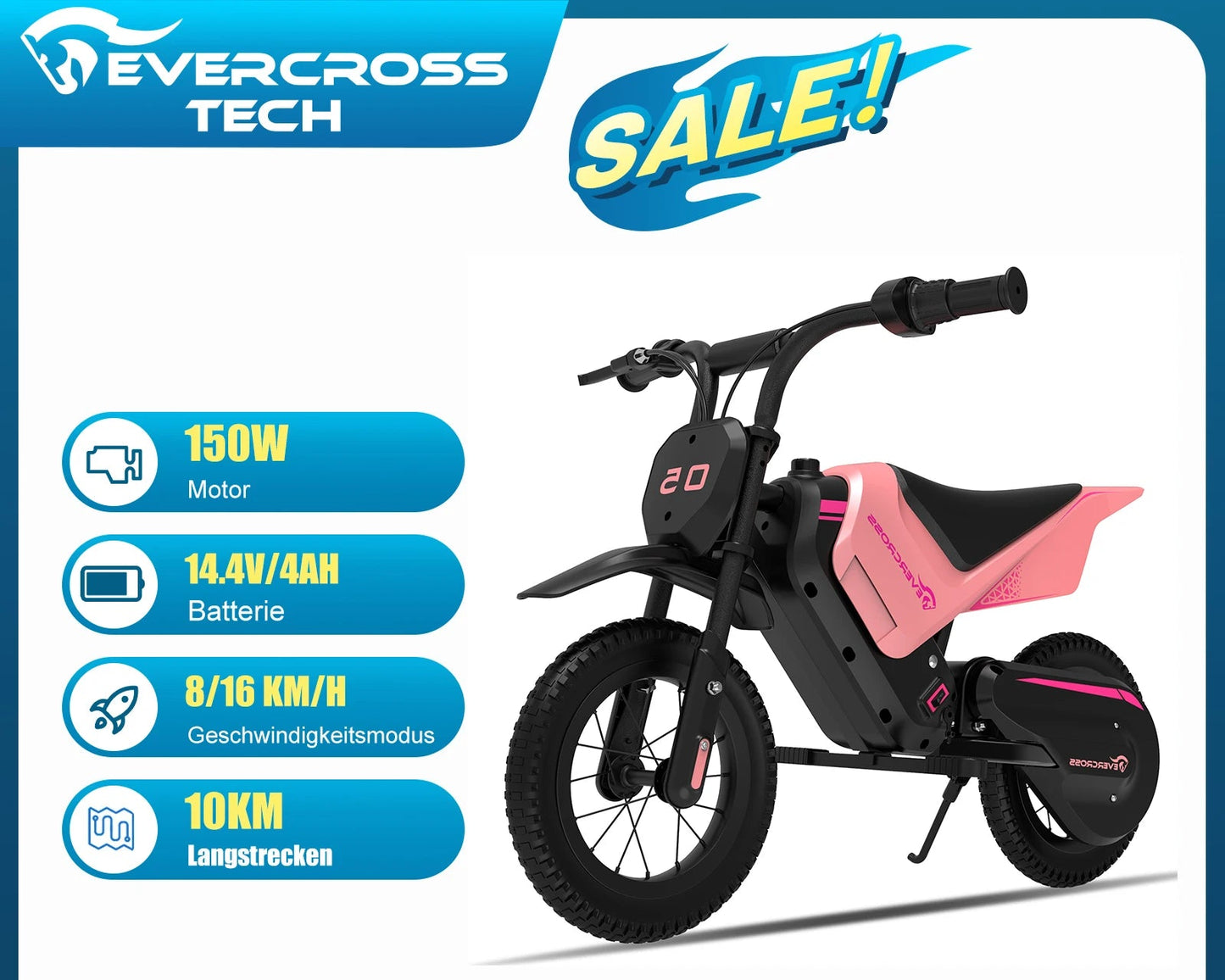 “EVERCROSS TECH EV05M moto elettrica per bambini, 150W, velocità 8/16 km/h, autonomia fino a 10 km, moto da cross da 12 pollici per bambini