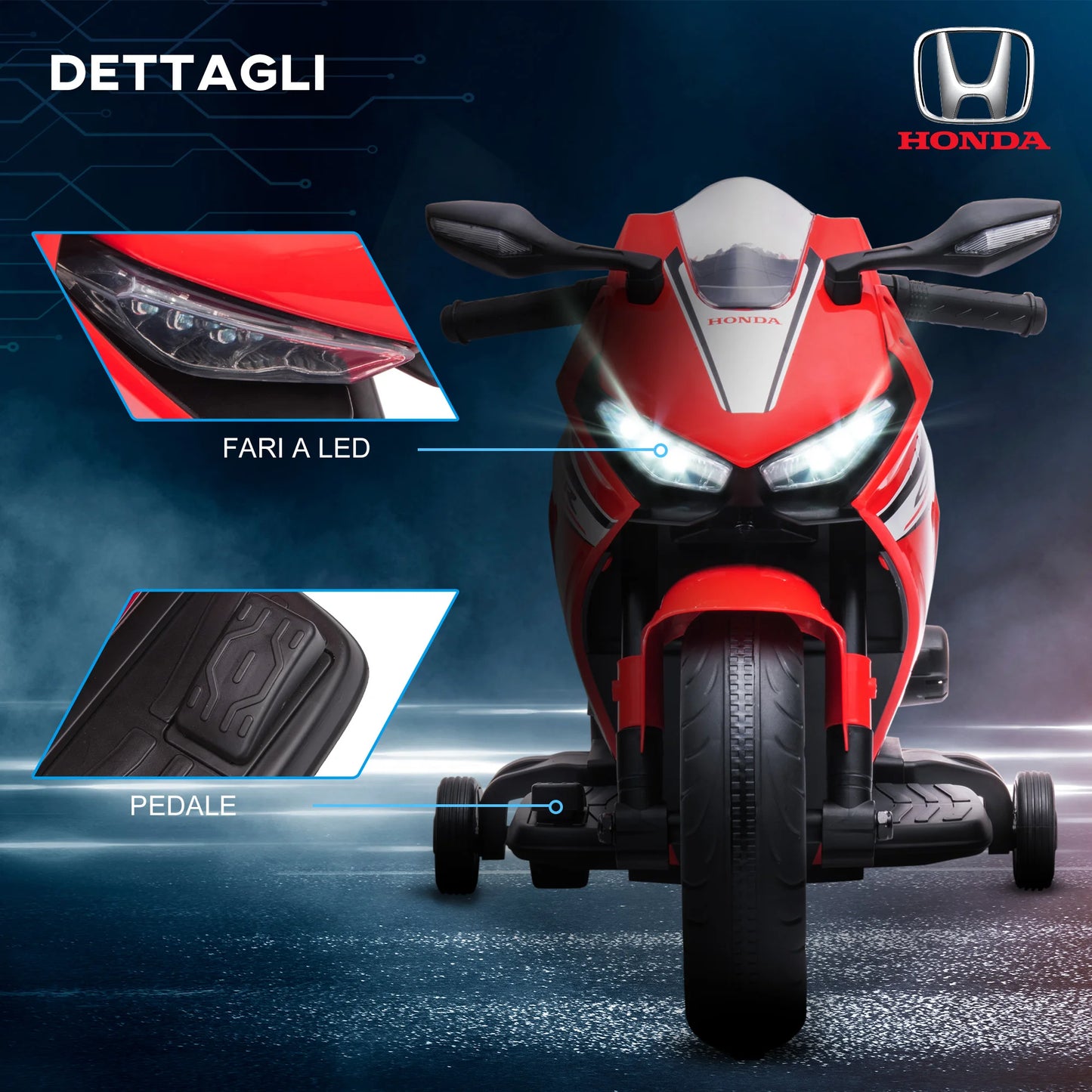 Moto elettrica per bambini HOMCOM con licenza Honda, batteria ricaricabile da 6V, velocità 3 km/h, con musica e ruote stabilizzatrici, colore rosso