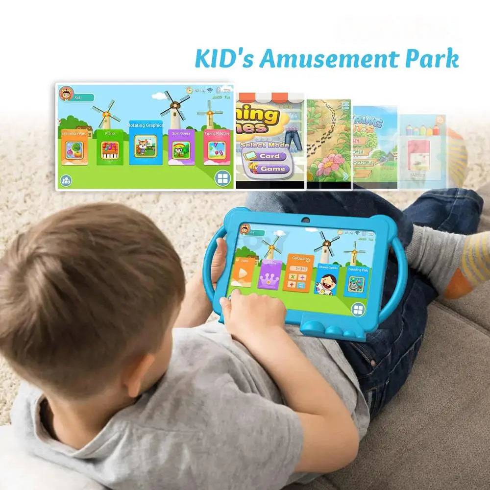 Nuovo tablet per bambini da 7 pollici (2025) con custodia antiurto a tema cartone animato, WiFi 5G, tablet educativo con Google per l’apprendimento, 4GB di RAM, 64GB di memoria interna, batteria da 4000mAh.